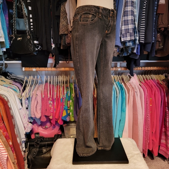 SO ♡ Sweet Black STRETCH Denim Gold Trim Stitching Fit 'n Flare Jeans 1 - Picture 7 of 17